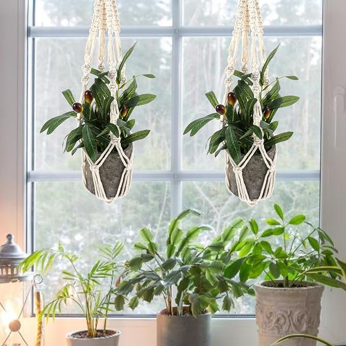 JJUNW 2pcs Macrame Plant Hanger, 21 Inch Indoor Hanging Planter with 2 Hooks Boho Long Crochet White Rope Hanging Planters for Indoor Outdoor Home Decor (Pots Not Included)