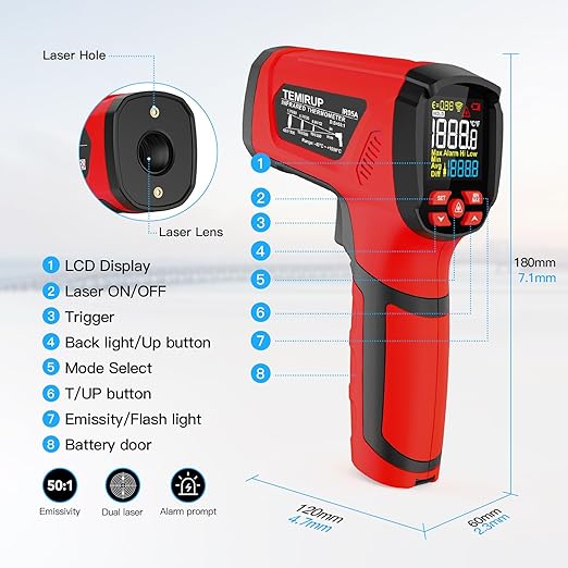 Infrared Thermometer High Temperature Gun -40℉~2912℉, 50:1 Dual Laser Thermometer with Probe 14℉ - 932℉, Digital IR Temp Gun for Cooking, Pizza Oven, Engine, Kiln, Forging, Industrial Use