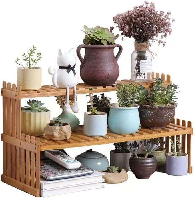 GURECOD 22.8" 2 Tiers Bamboo Plant Stand Shelf,Desk Flower Pot Holder,Adjustable Desktop Shelf Display Organizer Ladder Rack for Office Decorate Desk Shelving Storage Rack,Kitchen Rack (22.8" Length)