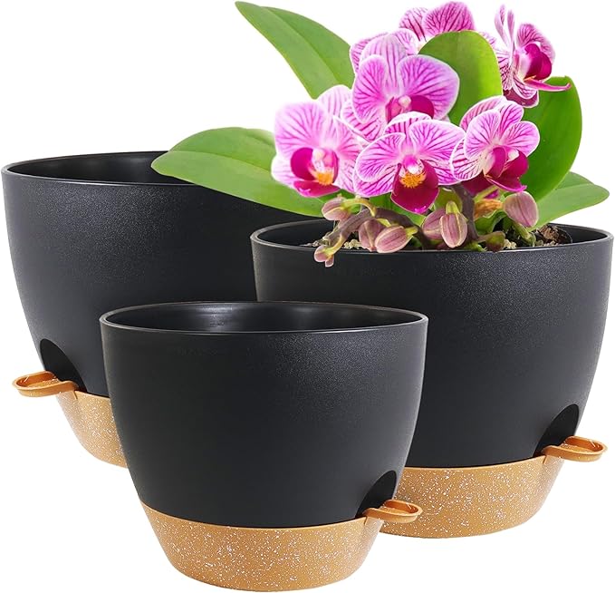 WSMKSZ 12/10/9 inch Large Self Watering Pots, Planter, Plant Pots with Mesh Drainage Holes for Indoor Outdoor Garden Plants, Plastic Flower Pots with Removable Deep Reservoir, Black with Brown