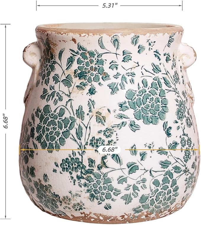 Xiaan Jiaju Tuscan Ceramic Planters and Kitchen Utensil Holder, 6.68 Inch Vintage Plant Pots with Drainage for Indoor/Outdoor, Country Cottage Vase for Home Garden Decor, Gifts for Plant Lovers, Cyan