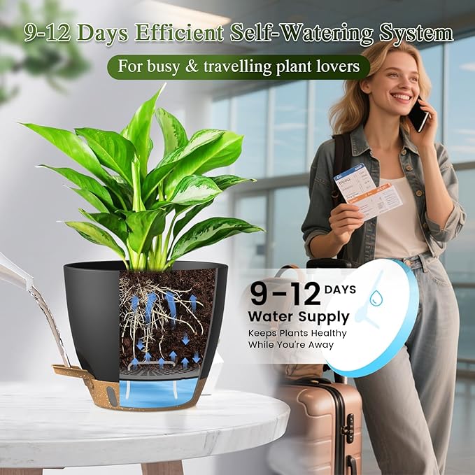 Self Watering Pots with Drainage Holes, 2 Pack 10 Inch Plant Pots with Water Level Indicator Deep Reservoir, Large Plastic Planter for Indoor Outdoor Plants - Black Brown