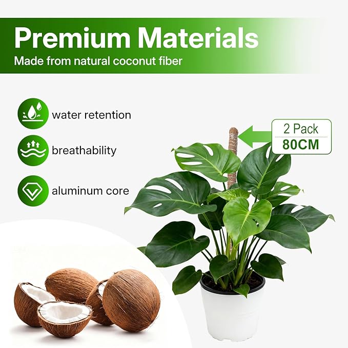 Mcbazel 2 Pack 31.5'' Bendable Moss Pole, Monstera Plant Support, Coco Coir Moss Poles for Climbing Plants, Stakes for Indoor Plant, Accessories for Monstera Pot