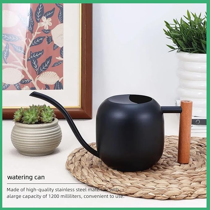 Indoor Watering Can with Long Spout, 40oz Capacity, Black Metal with Wood Handle,Plant Mister Spray Bottle (Black-W2)