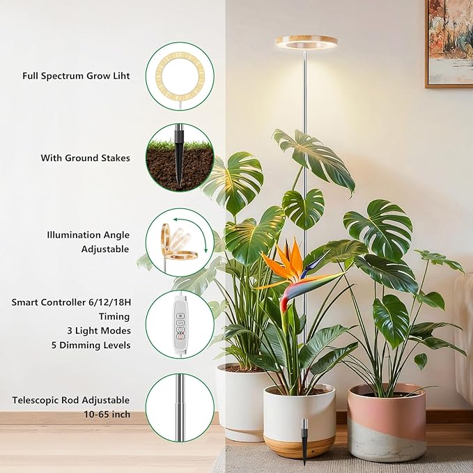 SDOVUERC Full‑Spectrum Grow Lights for Indoor Plants – Adjustable Height Plant Lamp with Wood‑Grain Finish, 6/12/18H Timer, 3 Color Modes, Perfect Plant Lights for Indoor Growing.(Pack 1)