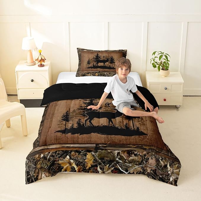 Feelyou Deer Comforter Set All Season Deer Hunting Bedding Set with 1 Pillow Cases Wild Animal Hunting Twin Bedclothes Western Cabin Bedroom Decor Rustic Country Farmhouse Duvet Quilt