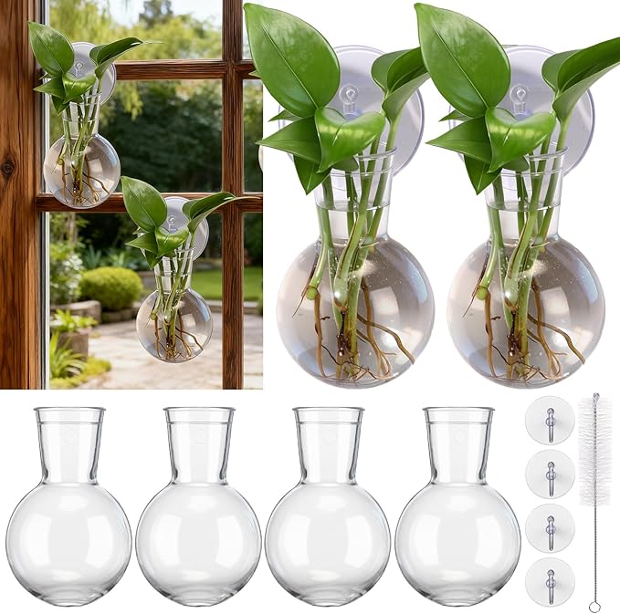 Baderke 6 Pack Window Propagation Stations Plastic Wall Hanging Planter with Suction Cups Brush Window Suction Plant Holder Vases Tubes Terrarium for Home Office Decor(Bulb)