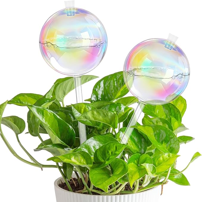 Plant Watering Globes Self Watering Planter - Indoor Outdoor Automatic Slow Release Watering Bulbs Iridescent Rainbow Glass Water Bulb for Houseplants 2 Pack