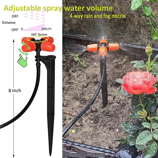 Drip Irrigation System for Garden with Water Timer, Main ID 1/2inch 32Ft and 1/4inch 131Ft Water Hose, 2-Zone Watering System Sufficient Water Pressure, Irrigation Dripper Waterflow Evenly Easy DIY