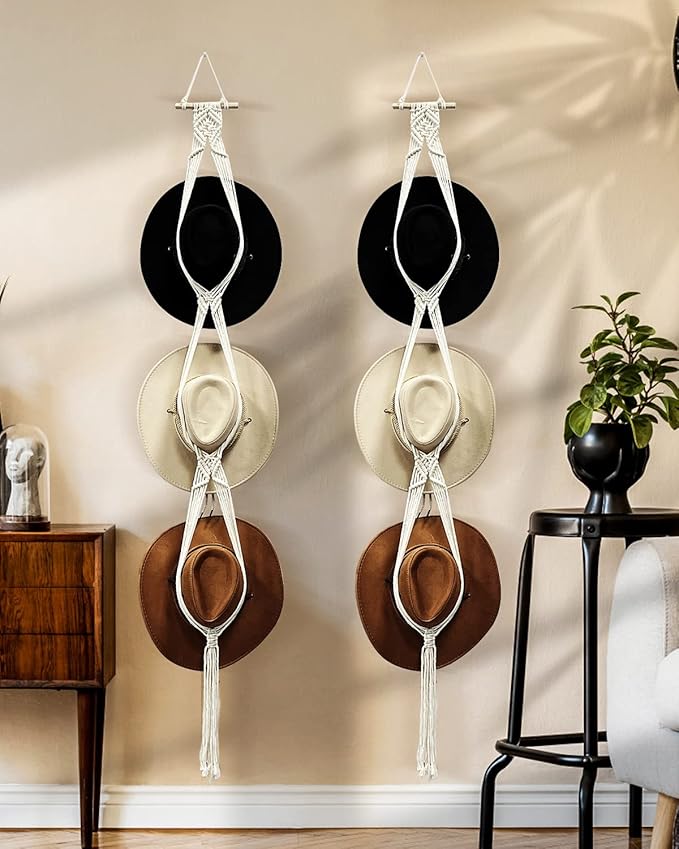 Gute Boho Macrame Hat Hanger Wall Hanging - 3 Hat Capacity Woven Organizer for Wide Brim, Fedoras, Sun Hat & Cowboy Hat Display (White)