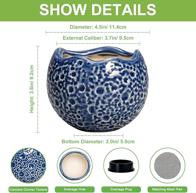 4 Inch Plant Pots - Small Ceramic Planter with Drainage Hole, Succulent Pots for Indoor Outdoor, Unique Round Planter, Modern Decorative Flower Pot, Desk Decor, Plant Lovers Gifts, Blue