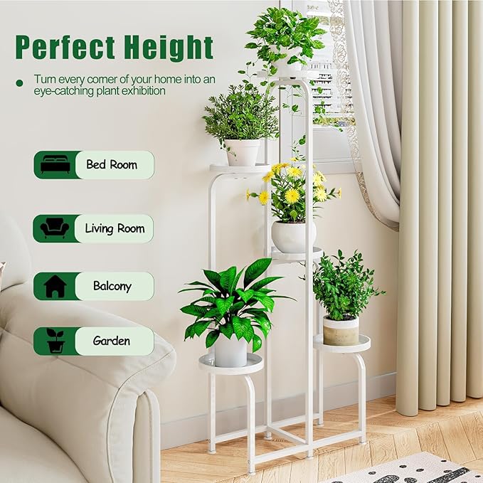 INGIORDAR Plant Stand Indoor Outdoor 5 Tier Metal Plant Shelf for Multiple Plants Corner Flower Holders for Living Room Balcony Bedroom Patio Garden, Black (White, 5-Tier)