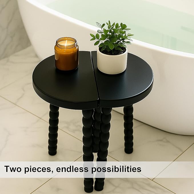 LitaEther Wooden Bobbin Side Table - Plant Stand - Half Round Table - Wooden Accent Stool- Minimalist Decorative Table for Bedroom, Hallway, Living Room (2, Black)