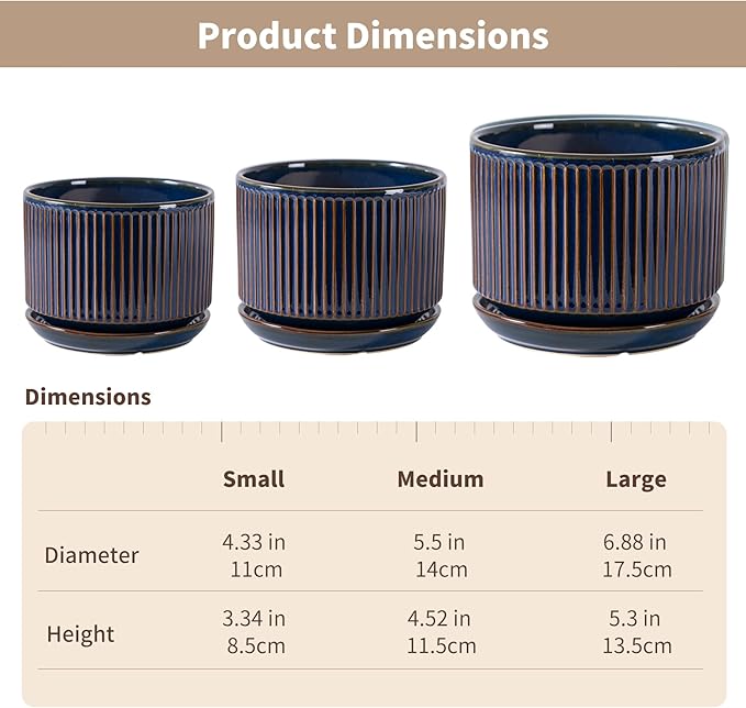 SURE YUESI Navy Blue Ceramic Plant Pots Set of 3 (4.3”+5.5”+6.7”), Indoor Striped Planters with Drainage Hole, Mesh Pads, Decorative Pots for Plants & Gardening
