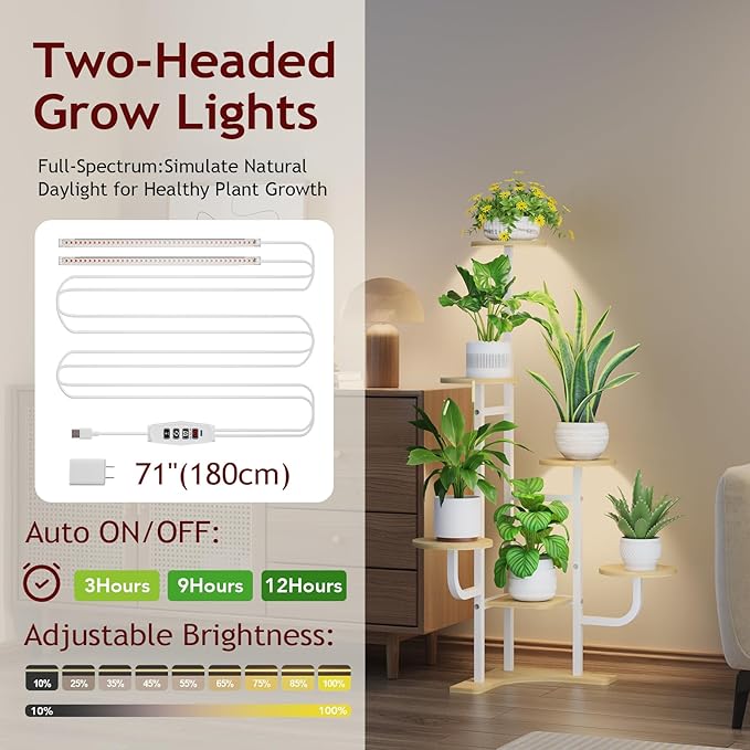 Homsorout Corner Plant Stand with Grow Light - 6 Tier Plant Stand Indoor Round Metal Plant Shelf with Adjustable Light, Plant Organizer for Living Room, Graden, Home Decor (Maple)