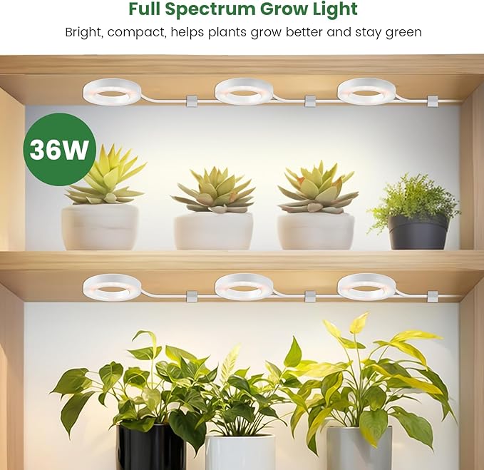 Kullsinss Plant Light, 6 Heads 12V3A Full Spectrum LED Grow Lights for Indoor Plants, 3.5" Under Cabinet Grow Lamp for Small Plants with 6/12/16H Auto Timer, 3 Spectrum Modes, 5 Brightness Levels