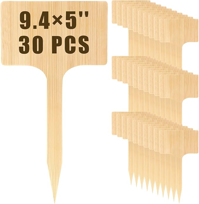 Hicarer 30 Pcs 9.4" x 5" Extra Large Bamboo Garden Markers, Natural Wood T-Type Large Plant Labels for Herbs, Flowers & Vegetables – Easy to Read Full-Size Tags for Garden Outdoor
