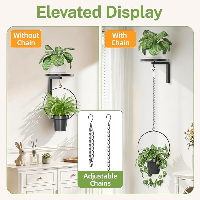iDavosic.ly Wall Plant Holder Set of 2 for Outdoor with 2 Hanging Planters, Metal Hanger with 2 Hooks, Floating Flower Display Stand for Window, Space Saving & Easy to Assemble