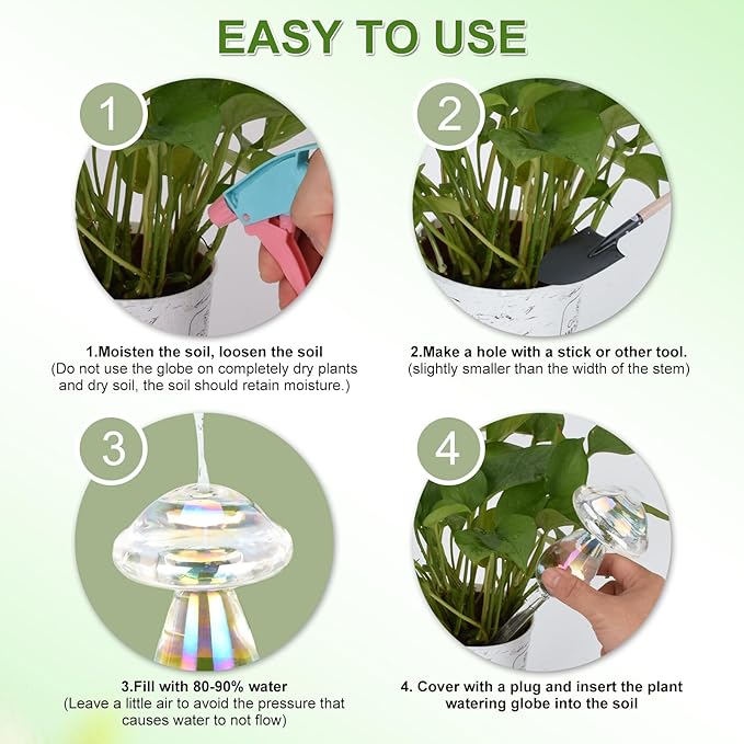 Plant Watering Globes 2PCS Glass Self Watering Planter Insert Device for Indoor Outdoor Plants Rainbow Color Laser Mushroom und Bulb with Hole 5oz 150ml Capacity Automatic Watering for 1 Week