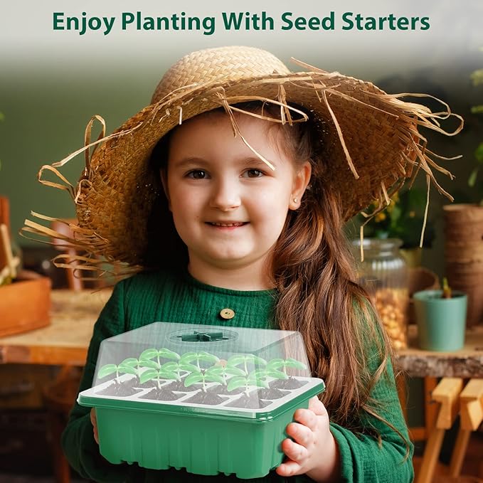 Sfee 10 Pack Seed Starter Tray Kit, 120 Cells Seedling Starter Trays with Humidity Dome and Base Greenhouse Growing Trays, Reusable Seed Germination Seedling Tray with Garden Tools Labels (Green)