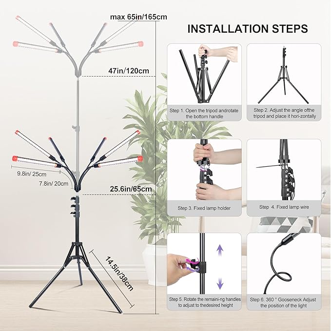 FRGROW 6Head Grow Light with Stand for Tall and Large Indoor Plants, Bonsai Tree, Big Coverage and Bright Plant Growing Lamps, 4/8/12/16/20H Timer, 54 Watt Power Draw, NO Need Adapter, 360° Gooseneck