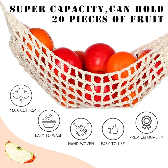 Fruit Hammock Under Cabinet with Hooks, Macrame Hanging Fruit Basket for Kitchen, Produce Hammock Banana Hanger, Boho Fruit and Veggie Storage Net, Space Saving Kitchen Organizer.