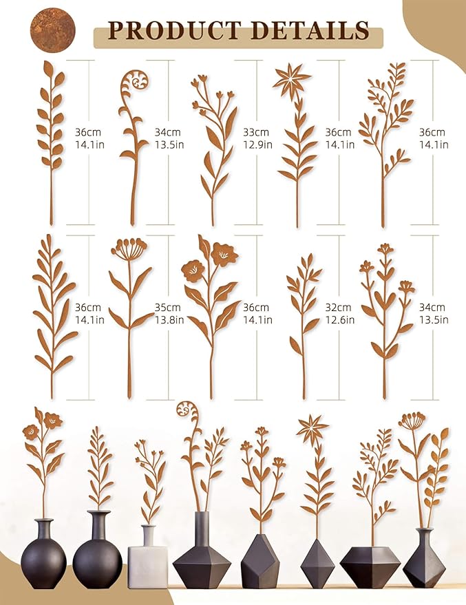 10pcs Metal Flowers for Garden - Antique Rust Finish Decorative Plant Stakes, Weathered Patina Yard Art for Outdoor Ground & Indoor Pots, Rustic Flower Bed Decor, Lawn & Patio Accents