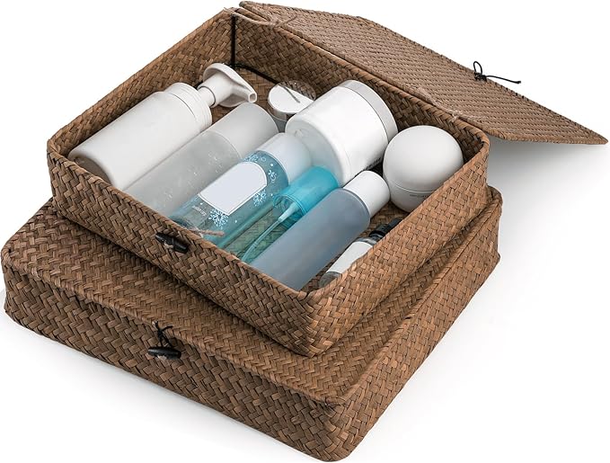 Elsjoy 2 Pack Flat Seagrass Storage Bins with Lid, Wicker Woven Storage Basket Set, Rattan Organizer Bins for Shelf, Closet, Bedroom