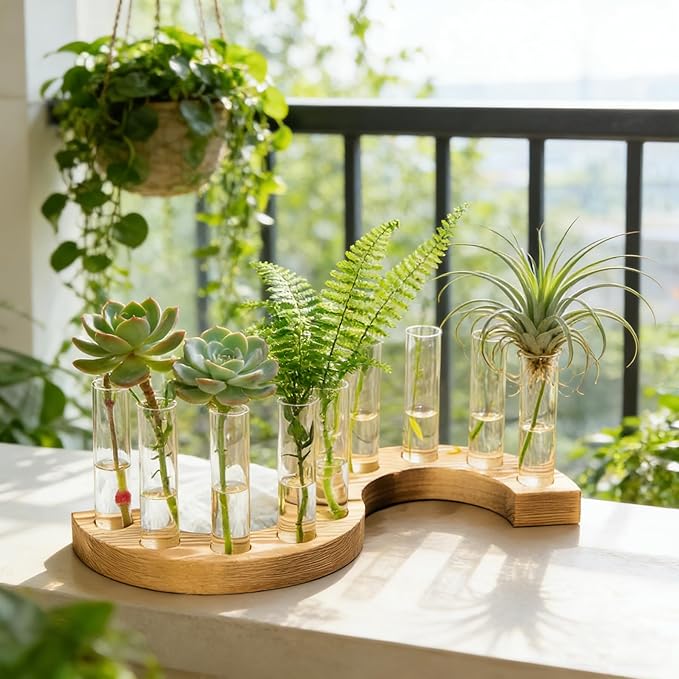 Melphoe Glass Bud Vases Small Flower Vase for Centerpieces Wedding Table Decorations, Home Decor, Propagation Station Plant Terrarium with Wooden Stand, Unique Plant Lover Gifts for Women (Brown)