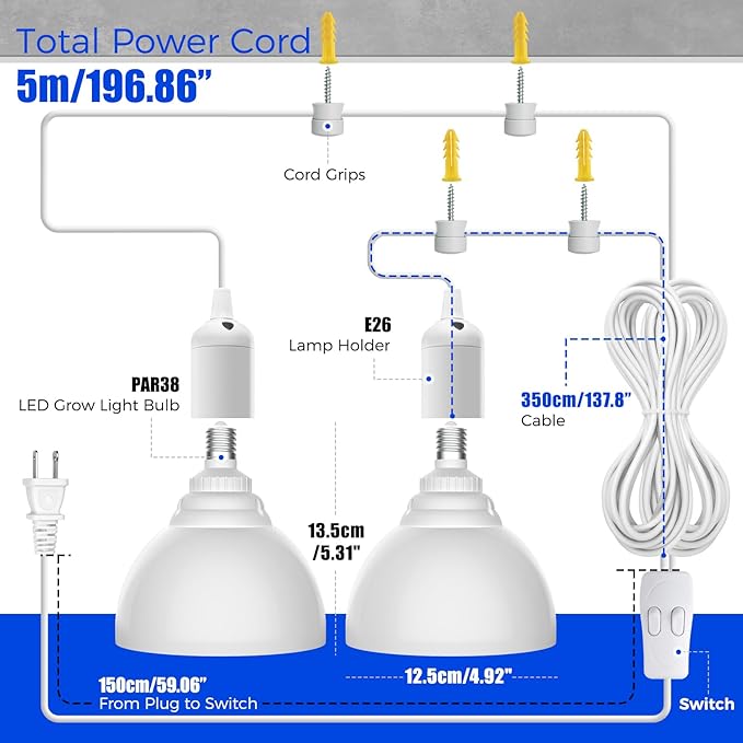 Barrina LED Grow Light Bulb, 50W (2 x 25W) Full Spectrum, with 16.4FT Power Cord, Hanging Grow Lights for Indoor Plants, Large Tall Plant, Garden, Flowers, Greenhouse, 2-Head