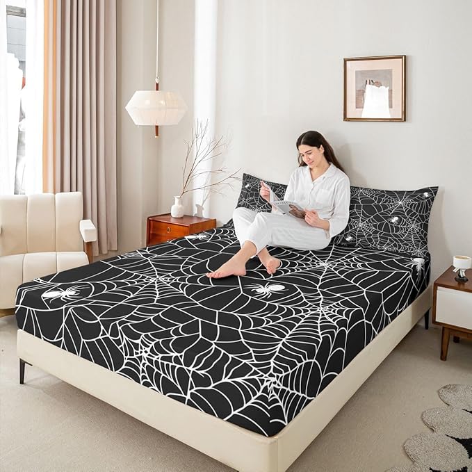 Feelyou Boys Spider Web Sheet Set for Kids Children Halloween Themed Bed Sheet Set Queen Girls Decorative Scary Spider Pattern Sheets Soft Bed Set Black White,Flat Sheet+ Fitted Sheet + 2 Pillow Case