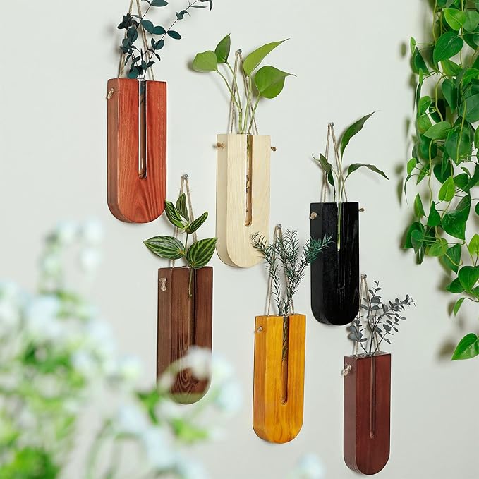 6 Pack Wall Planters for Indoor Plants, Wooden Hanging Planter, Propagation Station, Wooden Pocket Vase, Wood Wall Decor for Living Room Bedroom Bathroom
