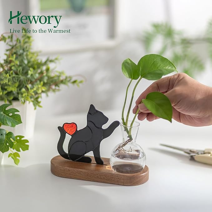 Hewory Handmade Cat Propagation Stations: Black Stained Glass Cat Planter Pot with Wooden Stand for Desktop Decor for Plant Lovers Women