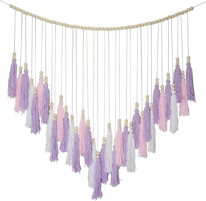 Pink & Purple Macrame Hanging Boho Wall décor, Purple Wall Decor for Bedroom Living Room Girls Room Nursery Large Tassel Hanging with Wood Beads 41" W x 32" H