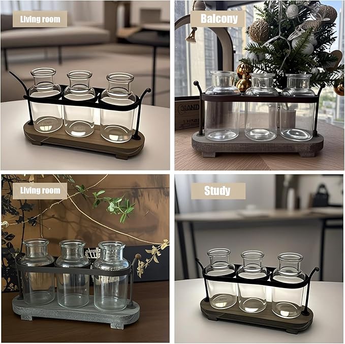 Propagation Stations with Rustic Wood Metal Stand, Glass Vase Set with Wicker Basket Holder, 3 Bottles, Rustic Farmhouse Decor, Home and Office Table Decor (Set of 3 Bottles)