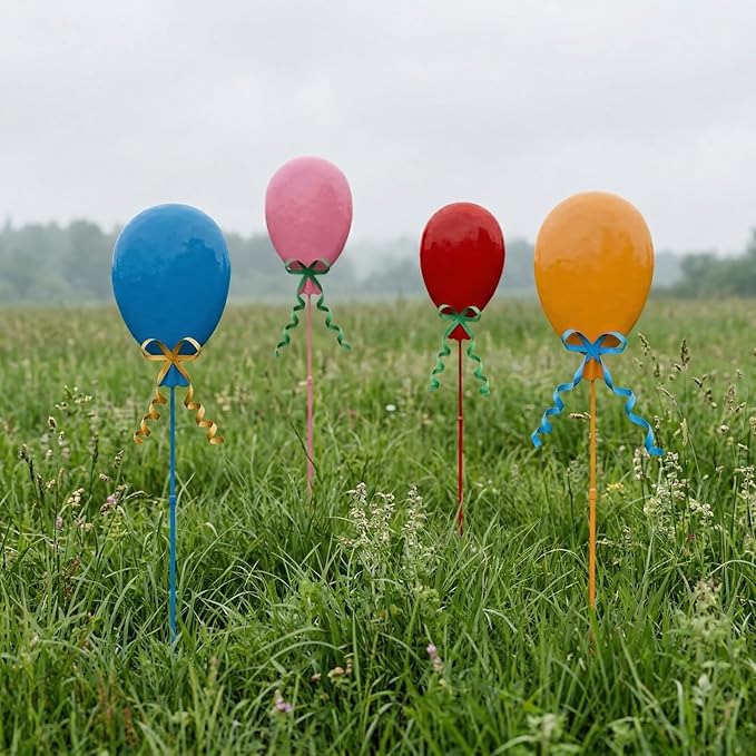 32" Decorative Garden Stakes Set of 4, Happy Birthday Yard Stakes, Metal Balloon Yard Art, Rustproof Metal Garden Decor & Yard Decorations Outdoor, Metal Flowers for Outside in 4 Colors