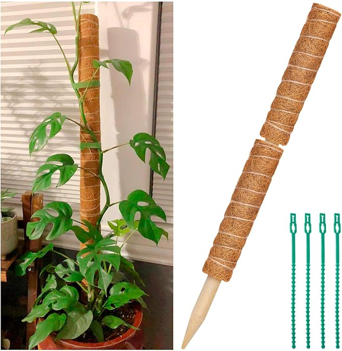 2 Pcs 12 Inches Coir Moss Poles for Climbing Plants with 4 Pcs Adjustable Plant Twist Ties - Coir Moss Totem Stick for Creepers Plant Support Extension, Climbing Indoor Plants(Total 20 Inch)