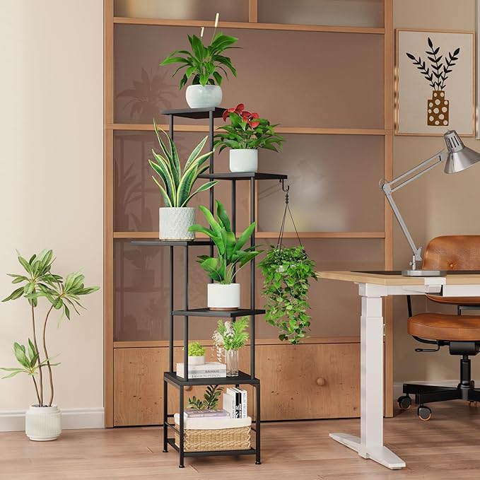 Homsorout Plant Stand Indoor with Grow Light, 6-Tiered Tall Plant Stand Indoor, Metal Plant Shelf with Hanging Basket Hook and Adjustable Light, Ideal for Living Room, Garden, Patio, Black