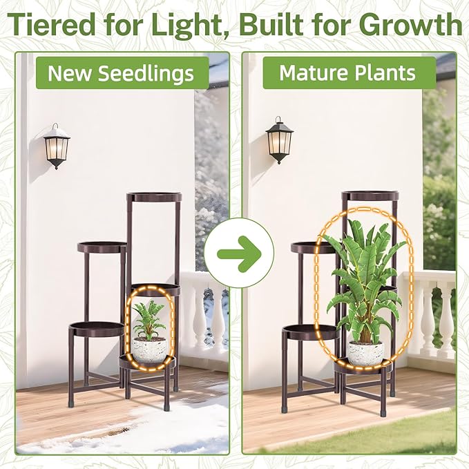 iDavosic.ly Plant Stand Indoor Outdoor, 5 Tier Corner Metal Flower Display Holder Shelf, Folding Tall Orchid Rack for Patio Balcony Porch Garden Living Room House, Violet Bronze