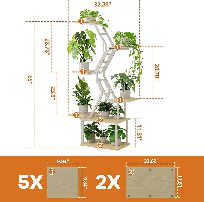 White Plant Shelves with Grow Lights: 7-Tier 65" Tall Modern Plant Stand for Indoor Corners, Living Room Display or Bedroom Gardening Rack