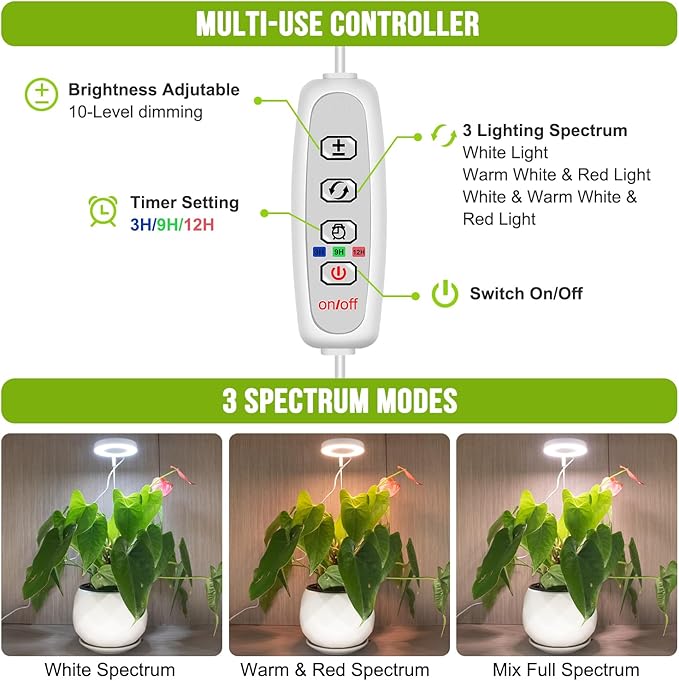 Kullsinss Grow Lights for Indoor Plants, 48 LEDs Full Spectrum Halo Plant Light for Indoor Plants, Height Adjustable Growing Lamp with Detachable Base, 3/9/12Hrs Timer, 10 Brightness, 3-Pack