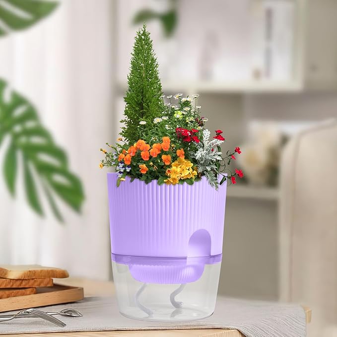 3 Pack - 5.5 Inch Self Watering Planter Pots for Indoor Plants - African Violet Pots with Wick Rope - Purple