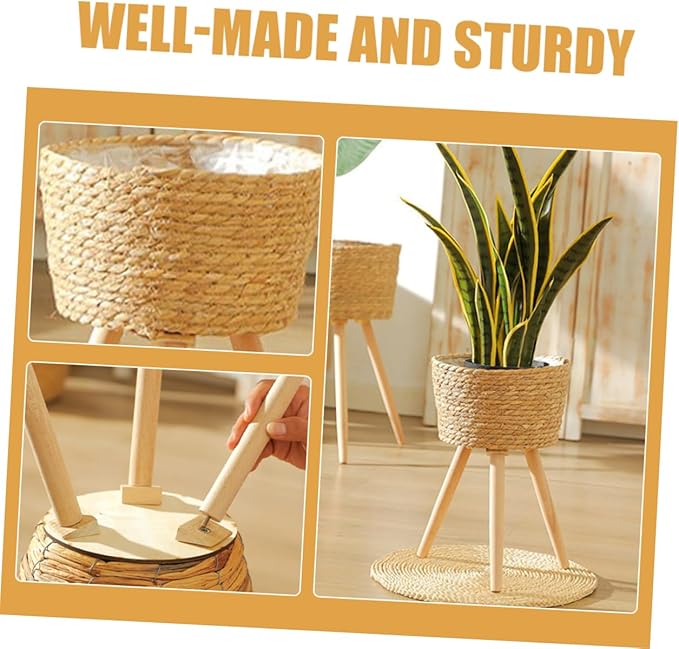 Wood Woven Plant Pot Stand with Legs Durable Minimalist Flower Basket for Indoor and Outdoor Use for Home Decor and Garden Display