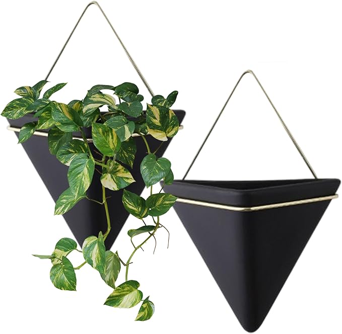 Black Wall Planter, 2Pcs Wall Planter for Indoor Plants, Ceramic Hanging with Metal Frame Geometric Decor for Air Plant Mini Cactus Faux Plants