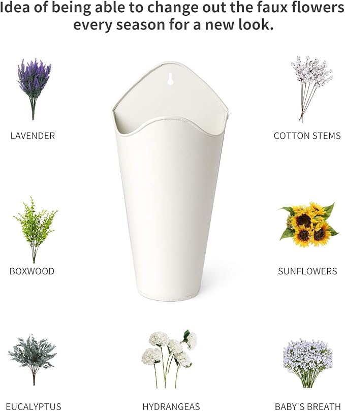 Mkono Galvanized Metal Wall Planter Farmhouse Wall Vase for Artificial Plants Flowers, Rustic Hanging Fake Flowers Holder Country Home Bedroom Living Room Decor Set of 2, White, Small