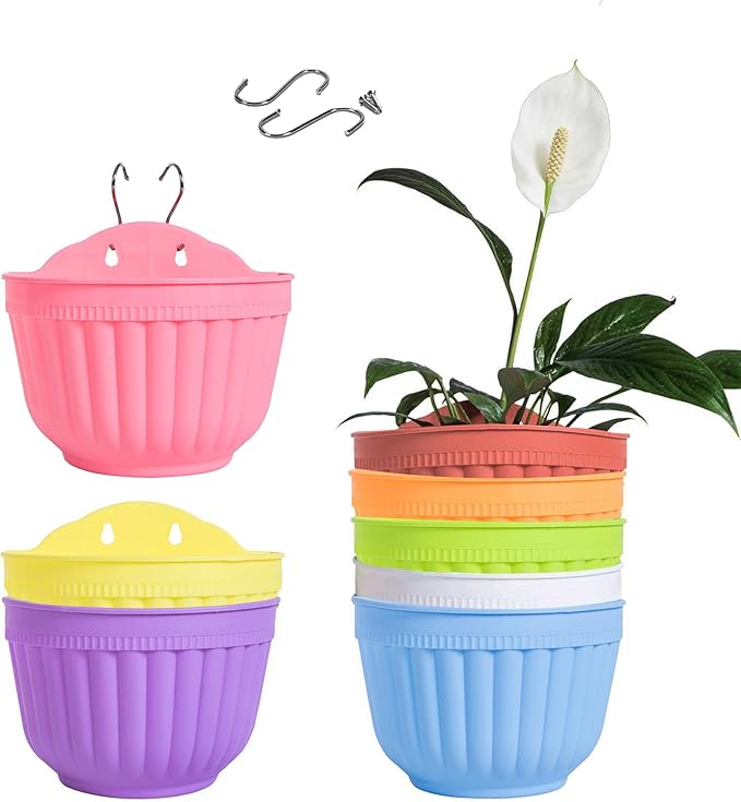 8 Pack Hanging Planters Wall Planters for Indoor Outdoor Plants, Colorful 8 inch Plant Pot with Drainage Hole, balcony planter railing hanging Pot, Plant Wall Mount Home Décor with Accessaries