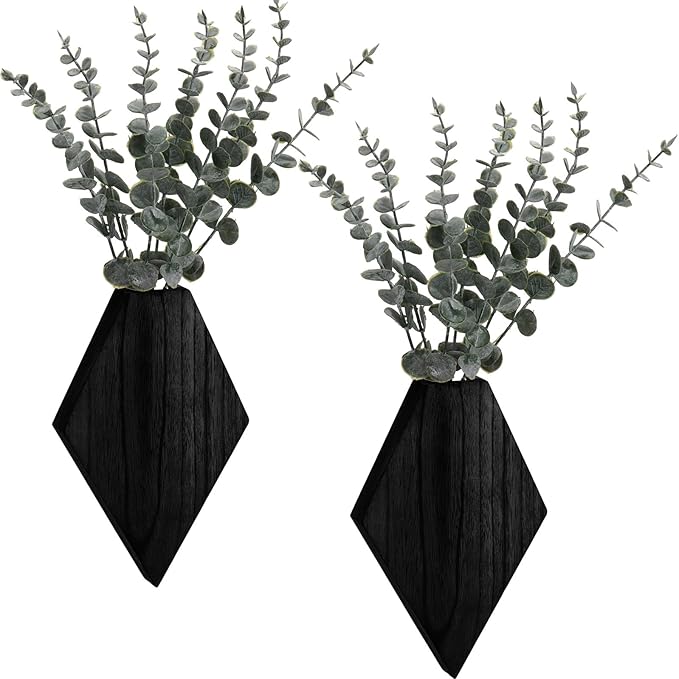 Chunful 2 Pcs Wooden Wall Planter Decor Hanging Faux Plants Greenery Flowers Holder Vase Boxes for Wall Bohemian Farmhouse Room Kitchen Office Indoor Decoration (Black,9.8 x 6.6 x 1.2 Inches)