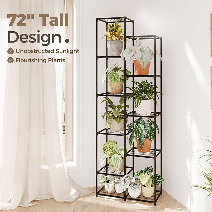 Bamworld Plant Stand Indoor Outdoor 11 Tier Tall Large Metal Plant Shelf Multi Tier Flower Stands Garden Shelves Wooden Plant Display Holder Rack for Living Room Corner Black