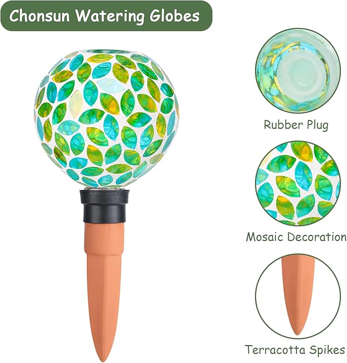 Plant Watering Globes Mosaic Self Watering Spikes 2 Pack Large Self Watering Planter Insert Automatic Watering Device Outdoor Indoor Decoration