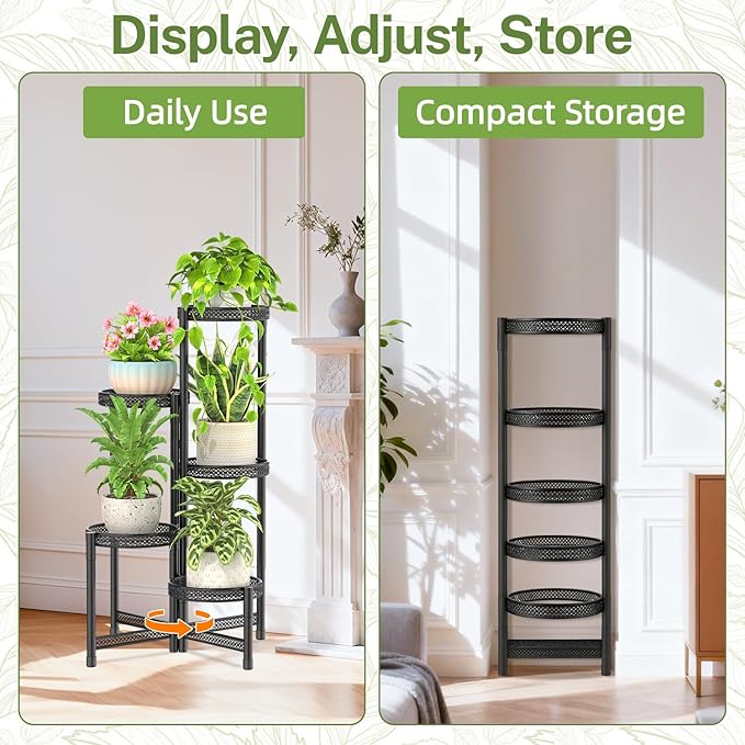 iDavosic.ly Plant Stand Indoor Outdoor, 5 Tier Corner Metal Flower Display Holder Shelf, Folding Tall Orchid Rack for Patio Balcony Porch Garden Living Room House, Wrought Iron - Modern Black